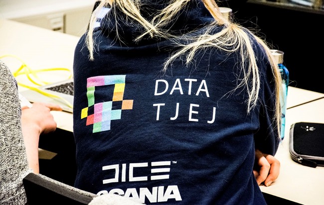Ryggtavla av person med blå tröja där det står Data Tjej i form av en logotyp.