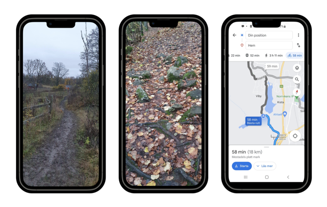 Bild på tre mobilskärmar som visar olika nivå erav inzoomning med utgångspunkt en Googlekarta.